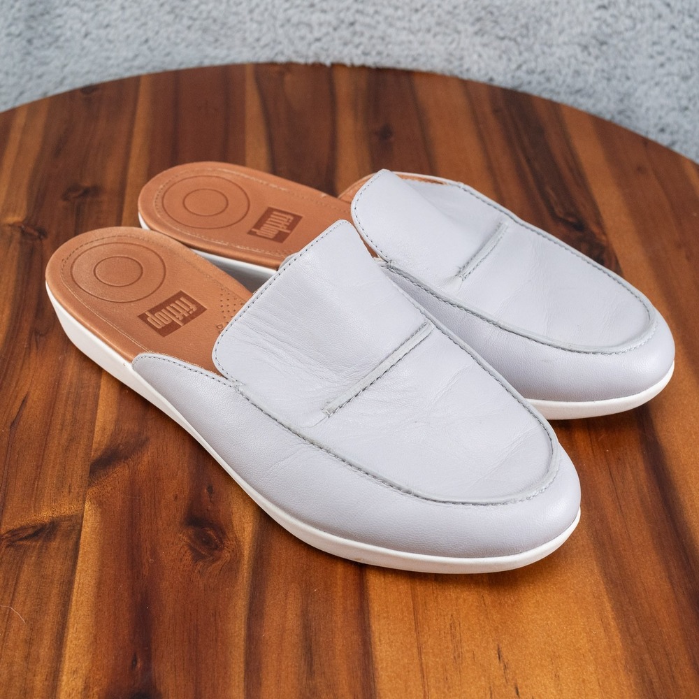 FitFlop Shoes Womens 7.5 Serene Pearl Mules Slip On Flats Comfort Gray Leather